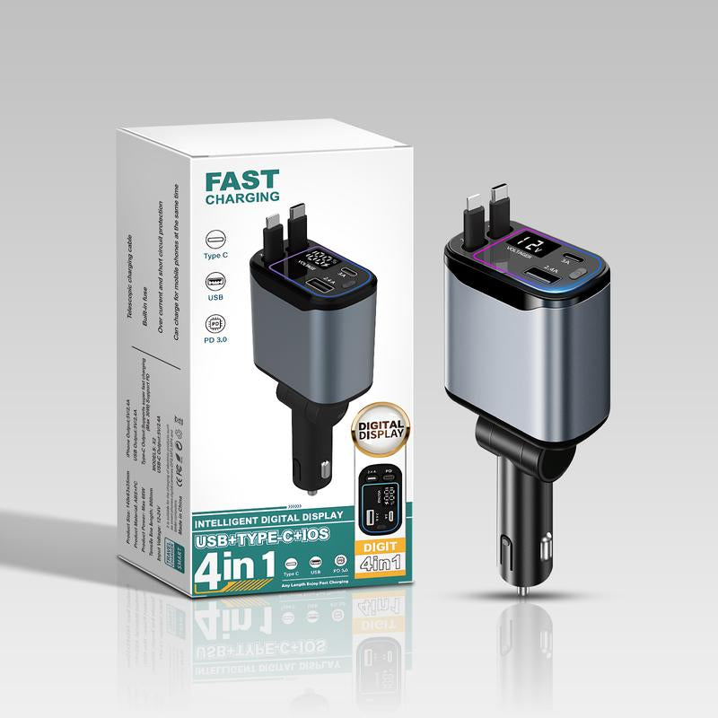 4-In-1 Retractable Car Charger Max 66W USB C Fast-Charging Car Adaptor with Voltage Display,Compatible for Iphone Ipad Samsung Travel Essentials