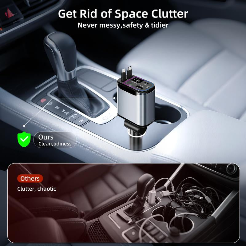 4-In-1 Retractable Car Charger Max 66W USB C Fast-Charging Car Adaptor with Voltage Display,Compatible for Iphone Ipad Samsung Travel Essentials