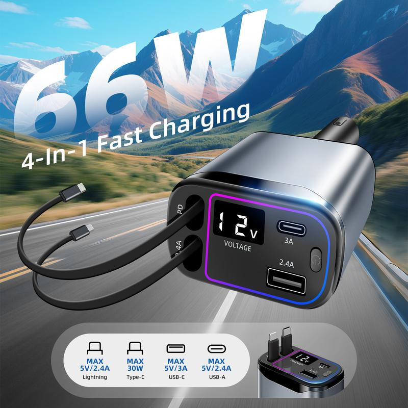 4-In-1 Retractable Car Charger Max 66W USB C Fast-Charging Car Adaptor with Voltage Display,Compatible for Iphone Ipad Samsung Travel Essentials