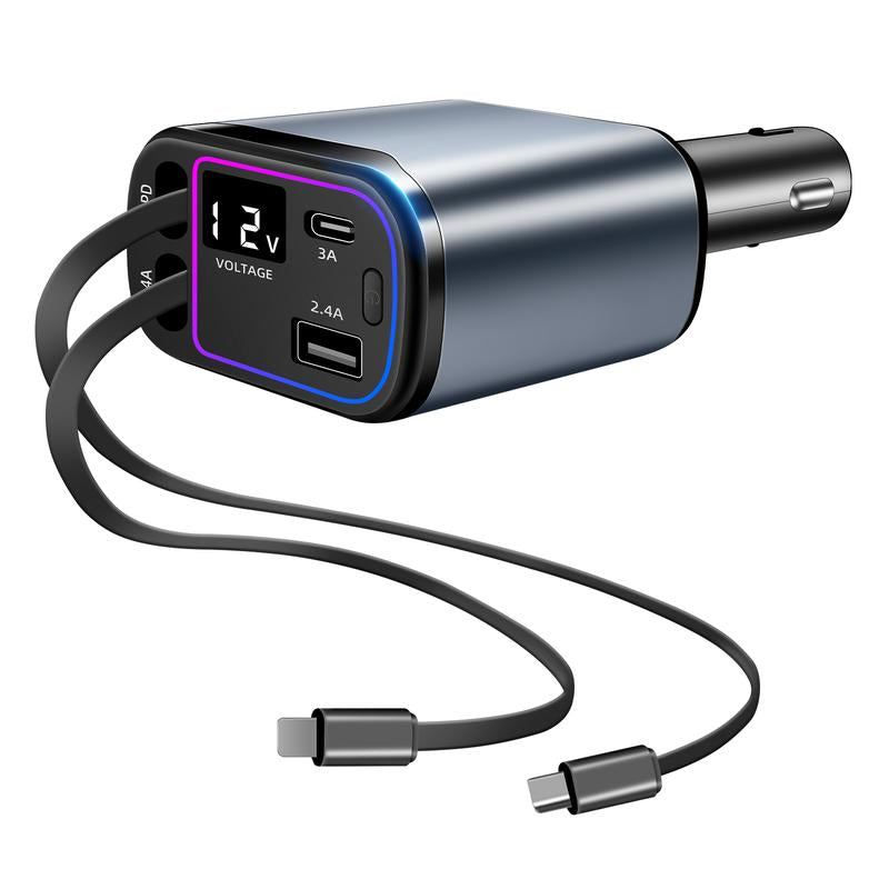 4-In-1 Retractable Car Charger Max 66W USB C Fast-Charging Car Adaptor with Voltage Display,Compatible for Iphone Ipad Samsung Travel Essentials