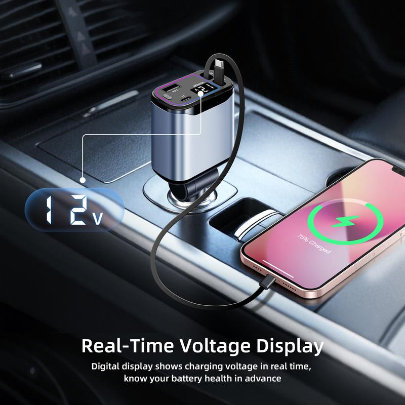4-In-1 Retractable Car Charger Max 66W USB C Fast-Charging Car Adaptor with Voltage Display,Compatible for Iphone Ipad Samsung Travel Essentials