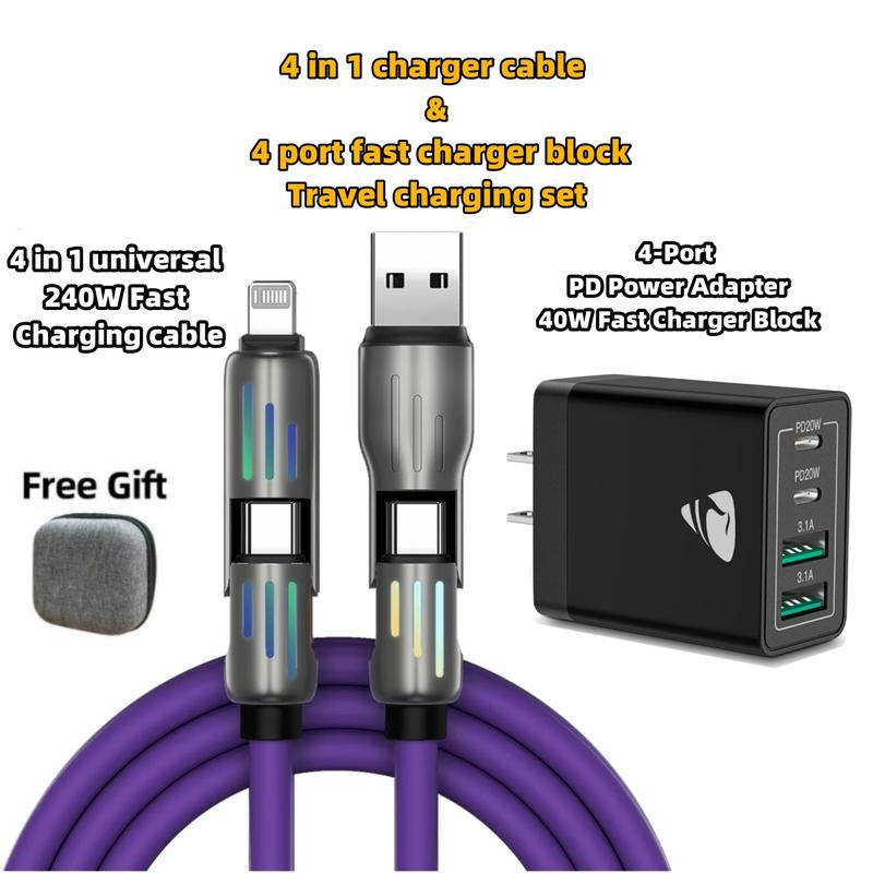 Aioneus 4 in 1 Fast Charger Cable & 4-Port 40W Fast Charger Block, Charger Set, Travel Charger Set, Boyfriend Gift, Christmas Gift