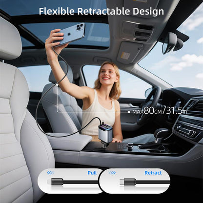 4-In-1 Retractable Car Charger Max 66W USB C Fast-Charging Car Adaptor with Voltage Display,Compatible for Iphone Ipad Samsung Travel Essentials