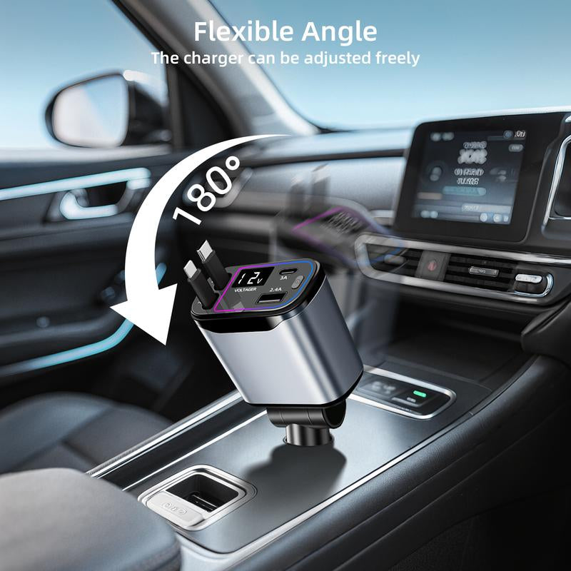 4-In-1 Retractable Car Charger Max 66W USB C Fast-Charging Car Adaptor with Voltage Display,Compatible for Iphone Ipad Samsung Travel Essentials